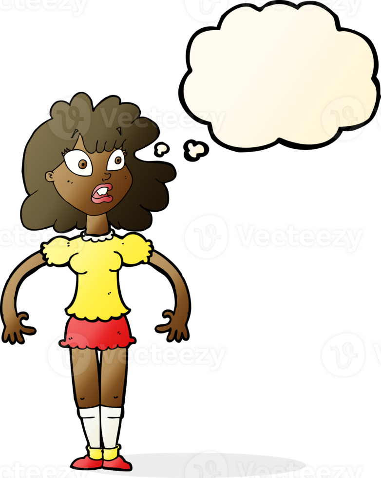 cartoon pretty girl with shocked expression with thought bubble png