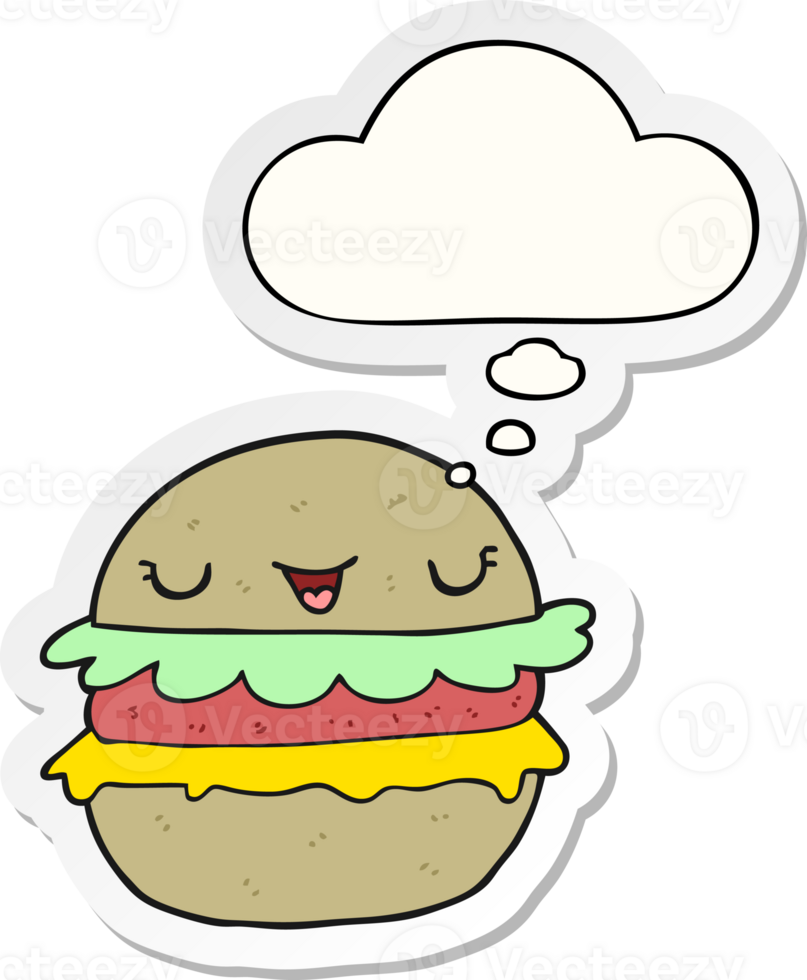 cartoon burger with thought bubble as a printed sticker png