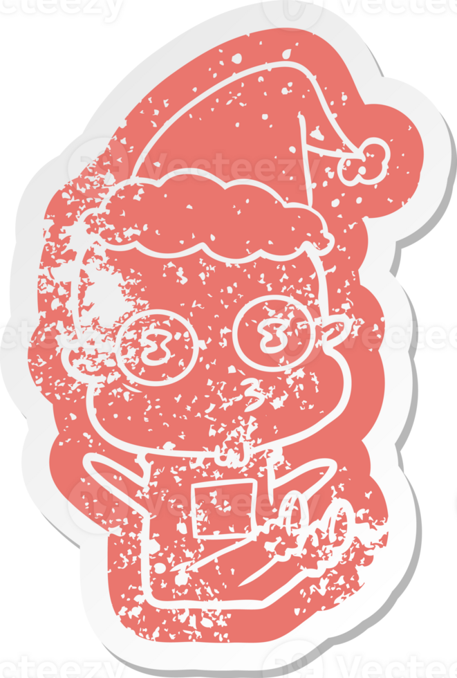 quirky cartoon distressed sticker of a weird bald spaceman wearing santa hat png