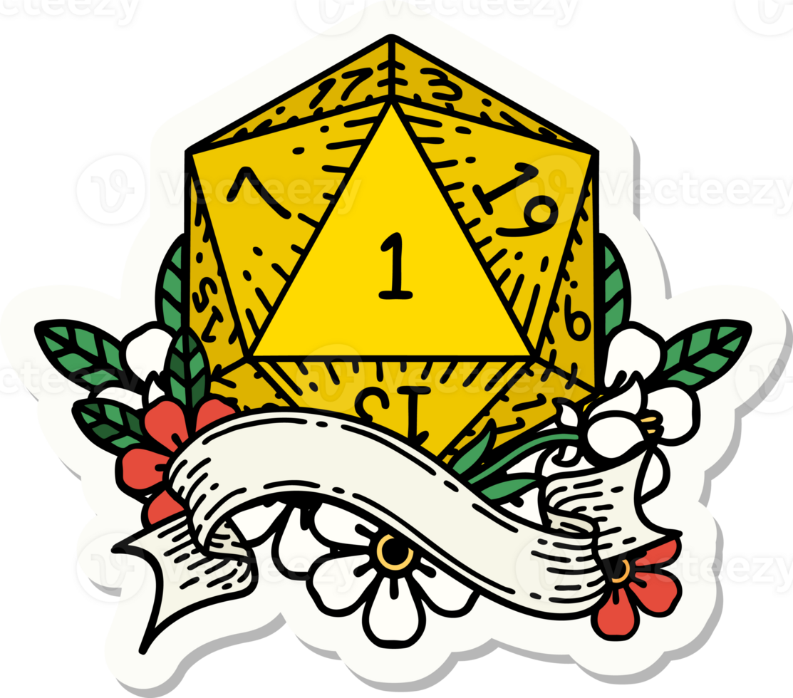 sticker of a natural one d20 dice roll png