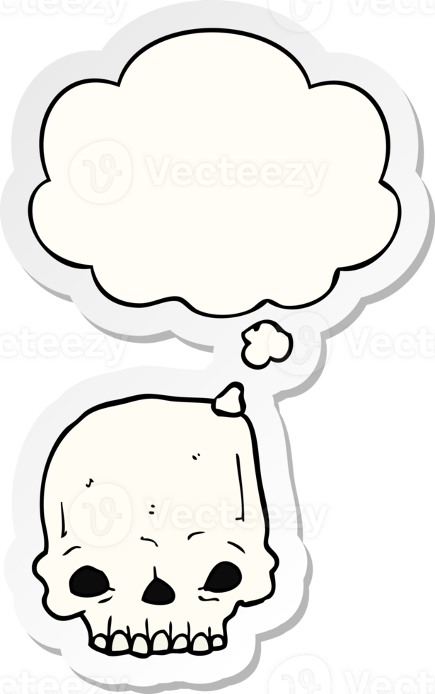 cartoon spooky skull with thought bubble as a printed sticker png