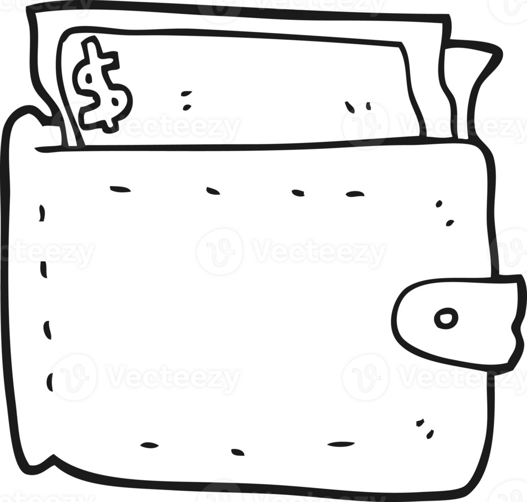 hand drawn black and white cartoon wallet full of money png