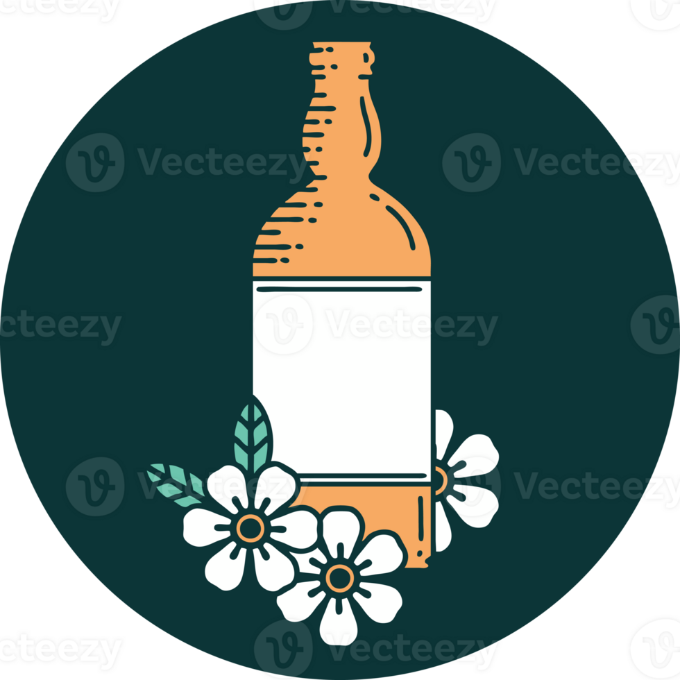 iconic tattoo style image of a rum bottle and flowers png