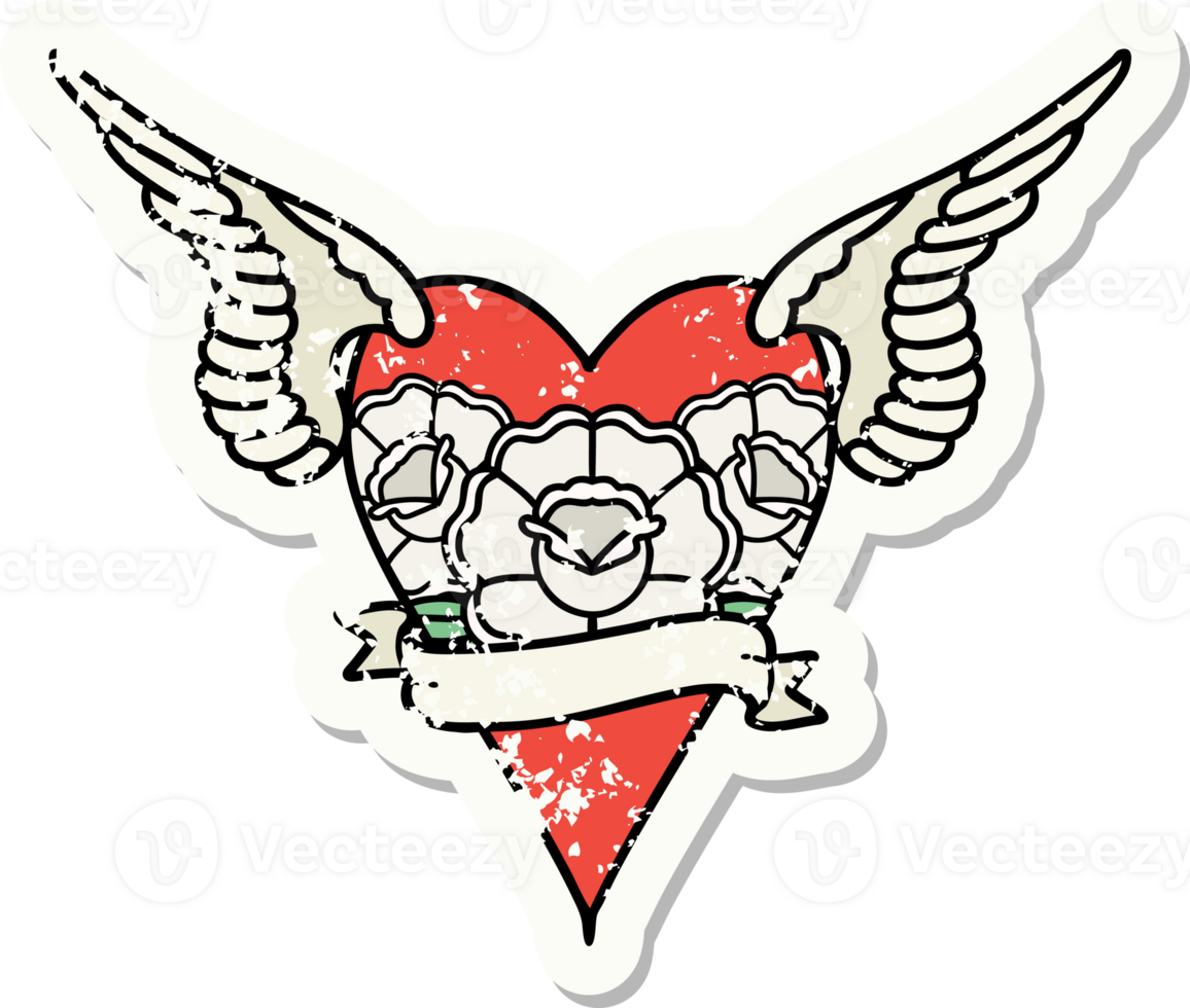 distressed sticker tattoo in traditional style of a flying heart with flowers and banner png
