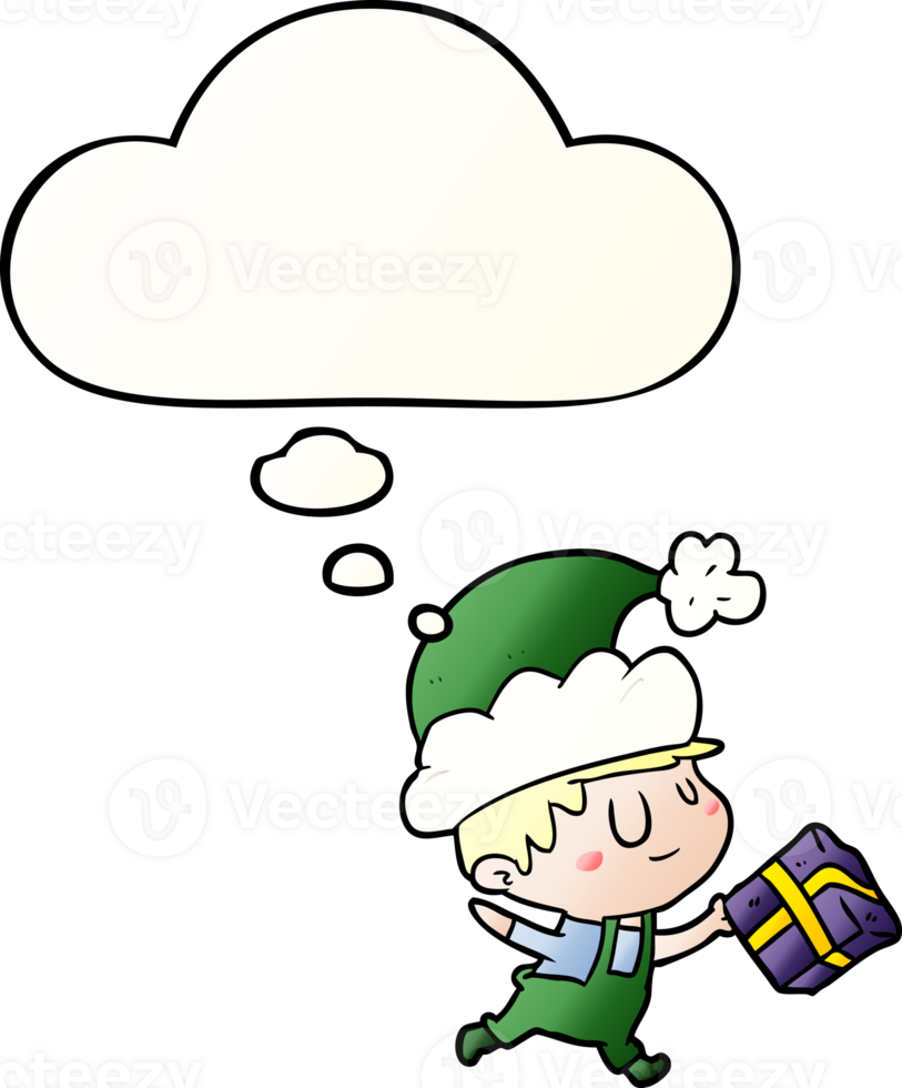 cartoon happy christmas elf with thought bubble in smooth gradient style png