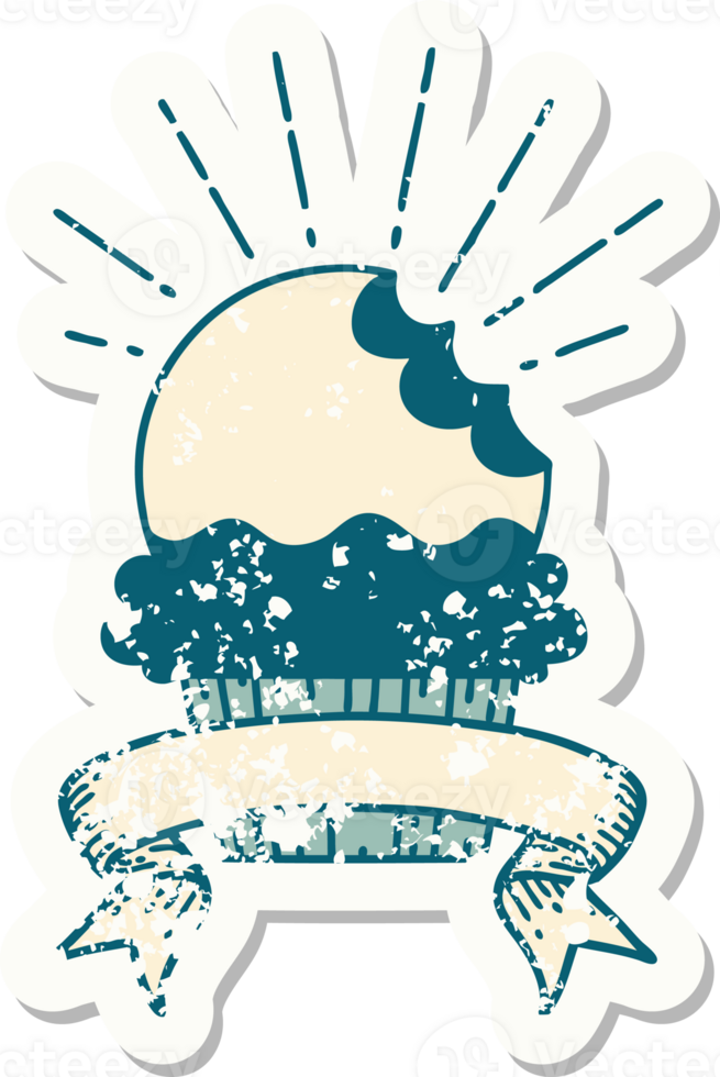 worn old sticker of a tattoo style cupcake with missing bite png