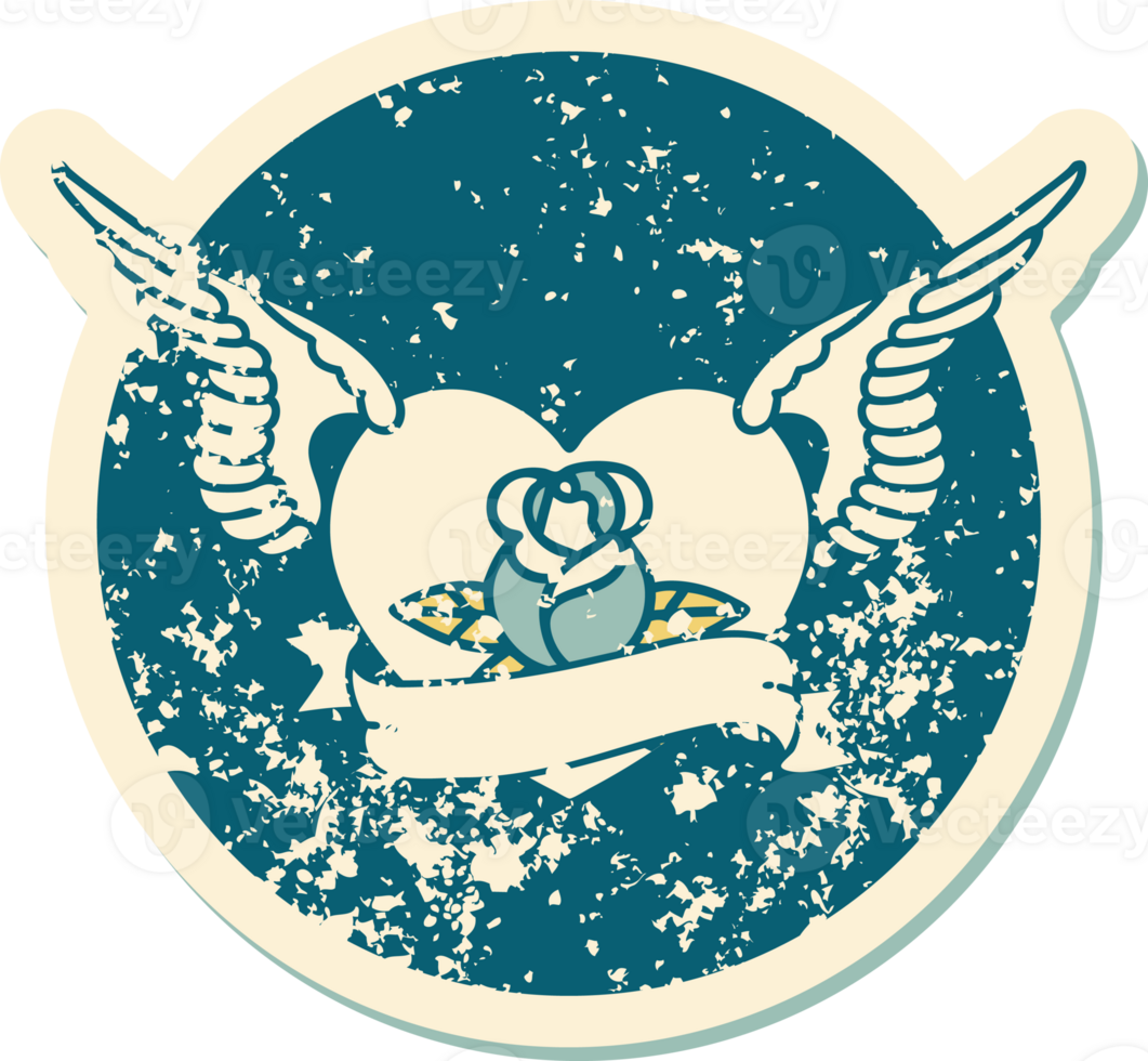 iconic distressed sticker tattoo style image of a flying heart with flowers and banner png