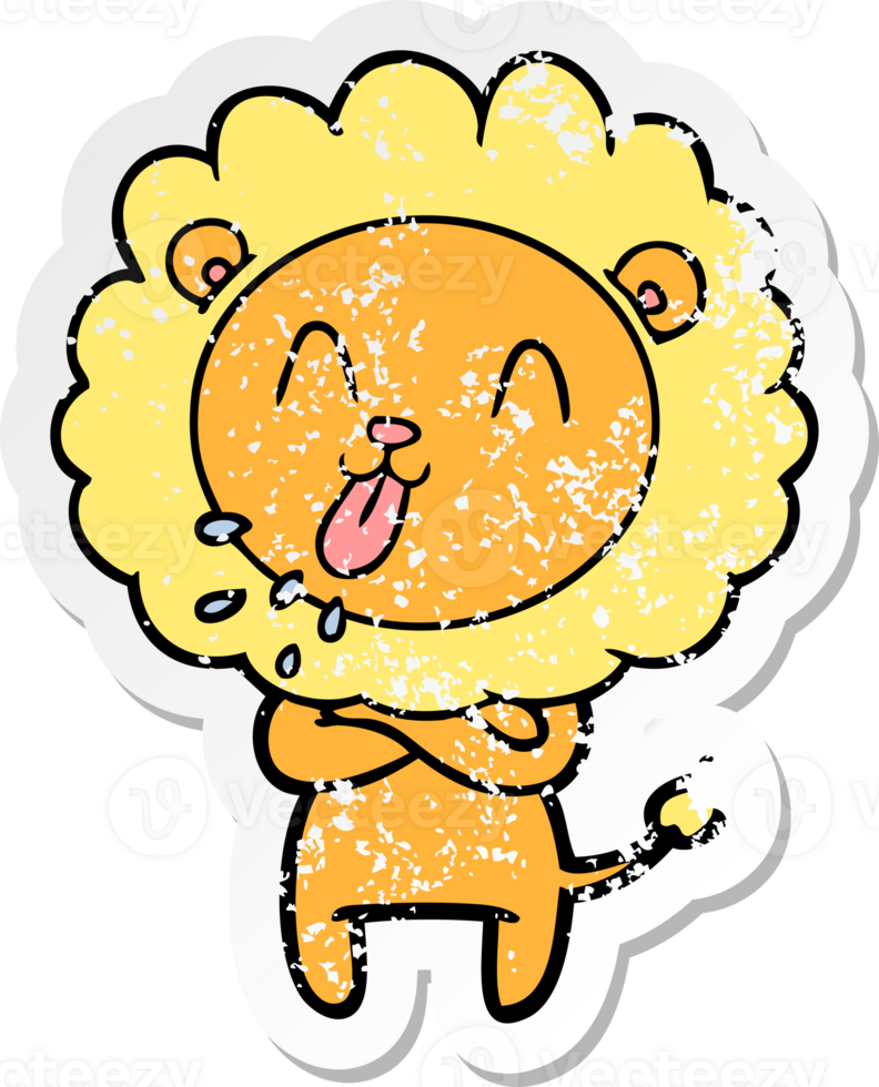 distressed sticker of a happy cartoon lion png