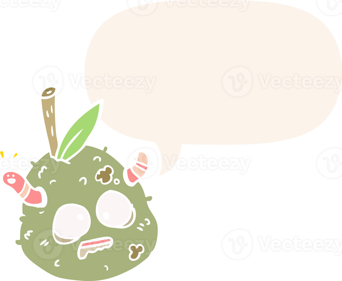 cartoon rotting old pear with worm with speech bubble in retro style png