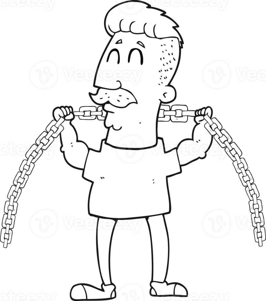 hand drawn black and white cartoon man lifting chain png