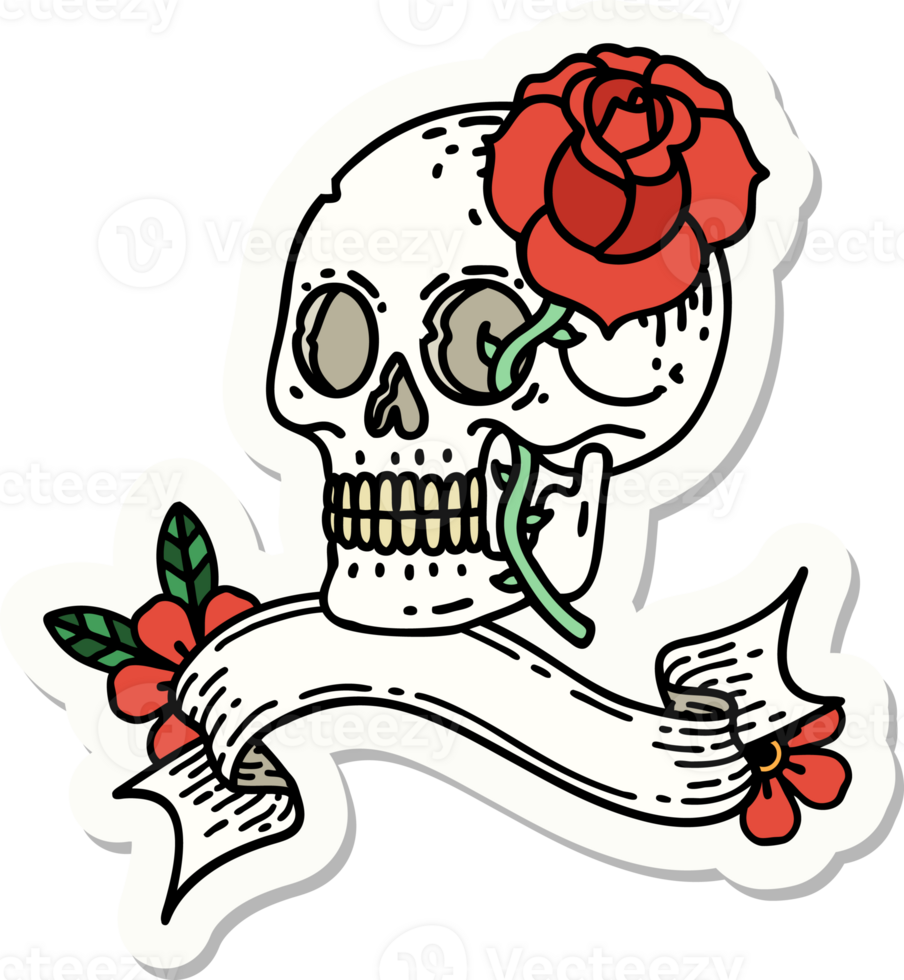 tattoo style sticker with banner of a skull and rose png
