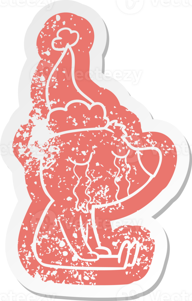 quirky cartoon distressed sticker of a crying sitting polar bear wearing santa hat png