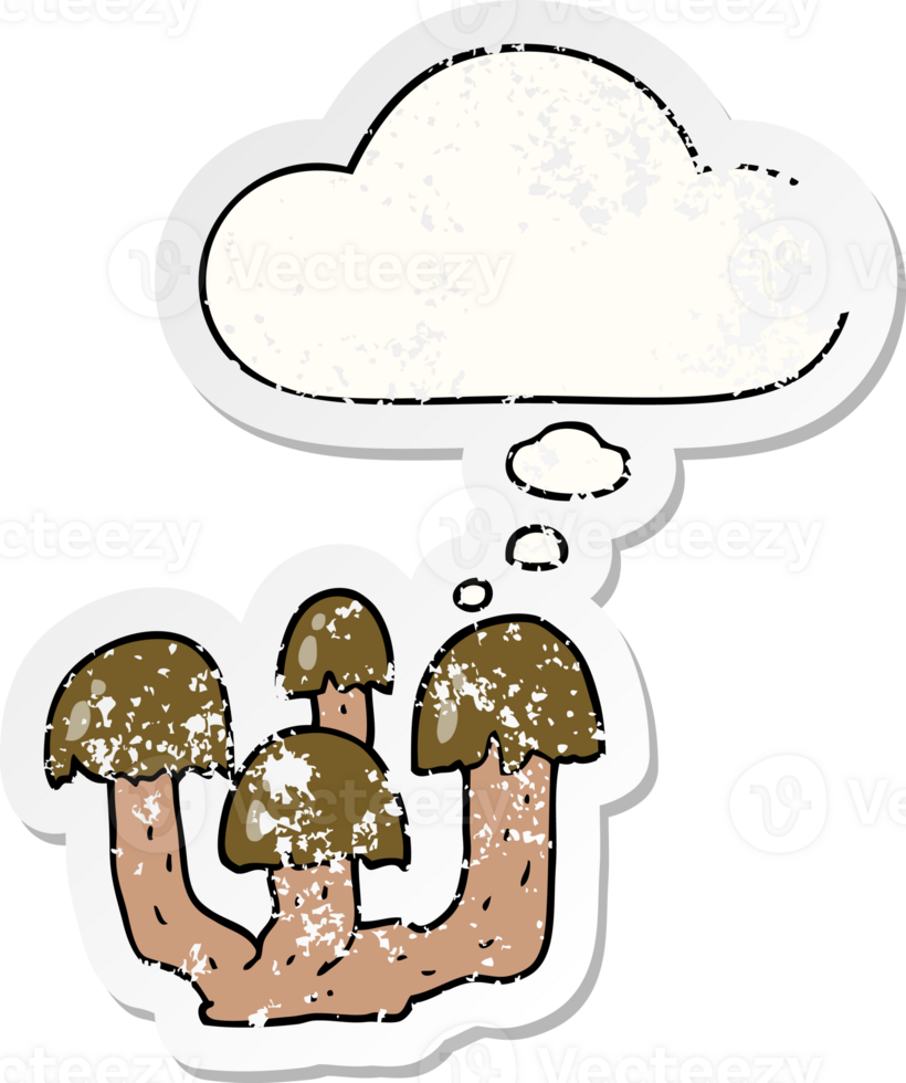 cartoon mushrooms with thought bubble as a distressed worn sticker png