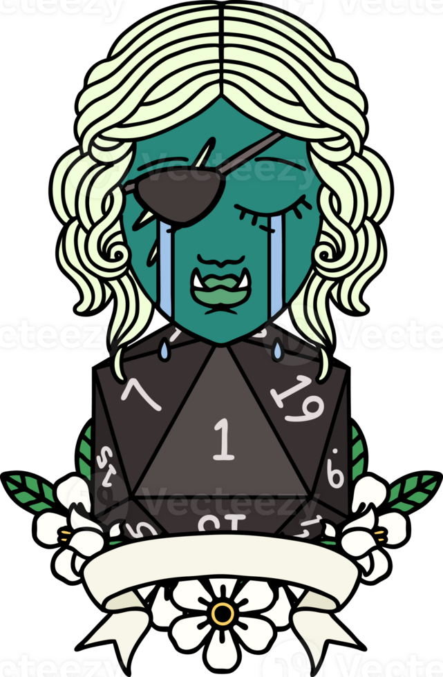 Retro Tattoo Style crying orc rogue character with natural one roll png