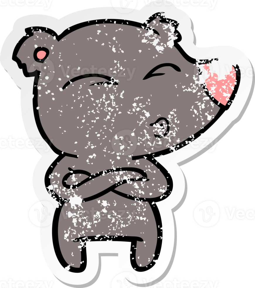 distressed sticker of a cartoon whistling bear png