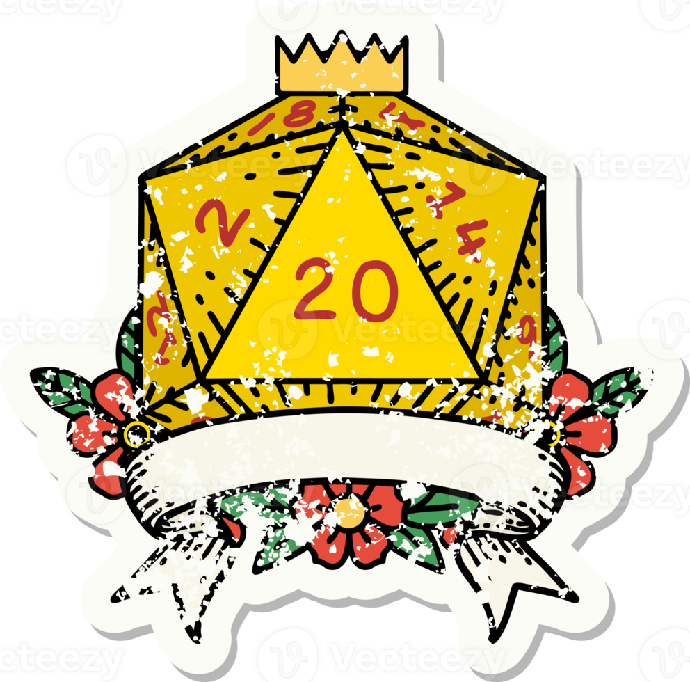 grunge sticker of a natural 20 critical hit D20 dice roll png