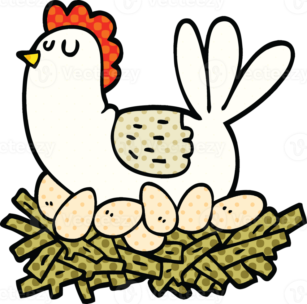 comic book style cartoon chicken on nest of eggs png