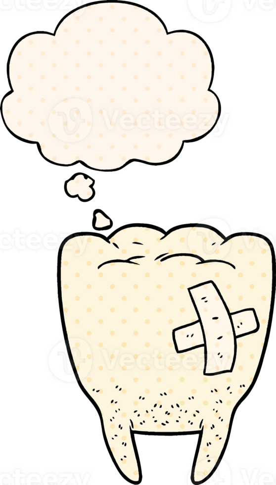 cartoon bad tooth with thought bubble in comic book style png