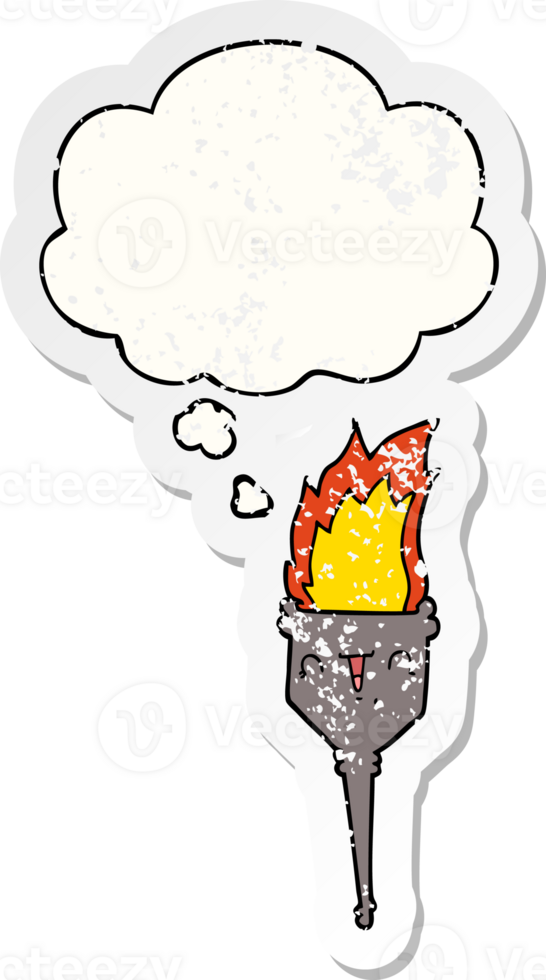 cartoon flaming chalice with thought bubble as a distressed worn sticker png