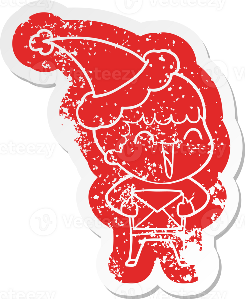 quirky cartoon distressed sticker of a happy man wearing santa hat png