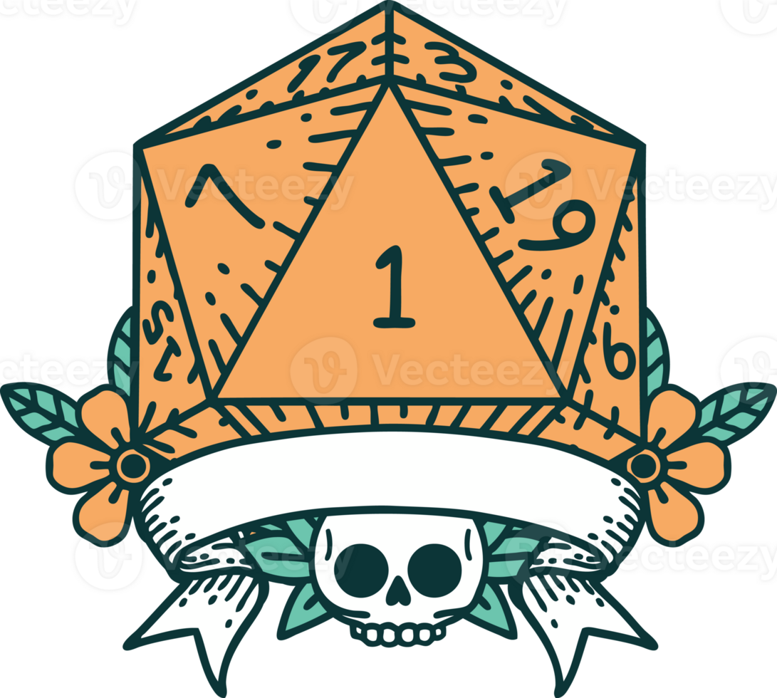 Retro Tattoo Style natural one d20 dice roll png