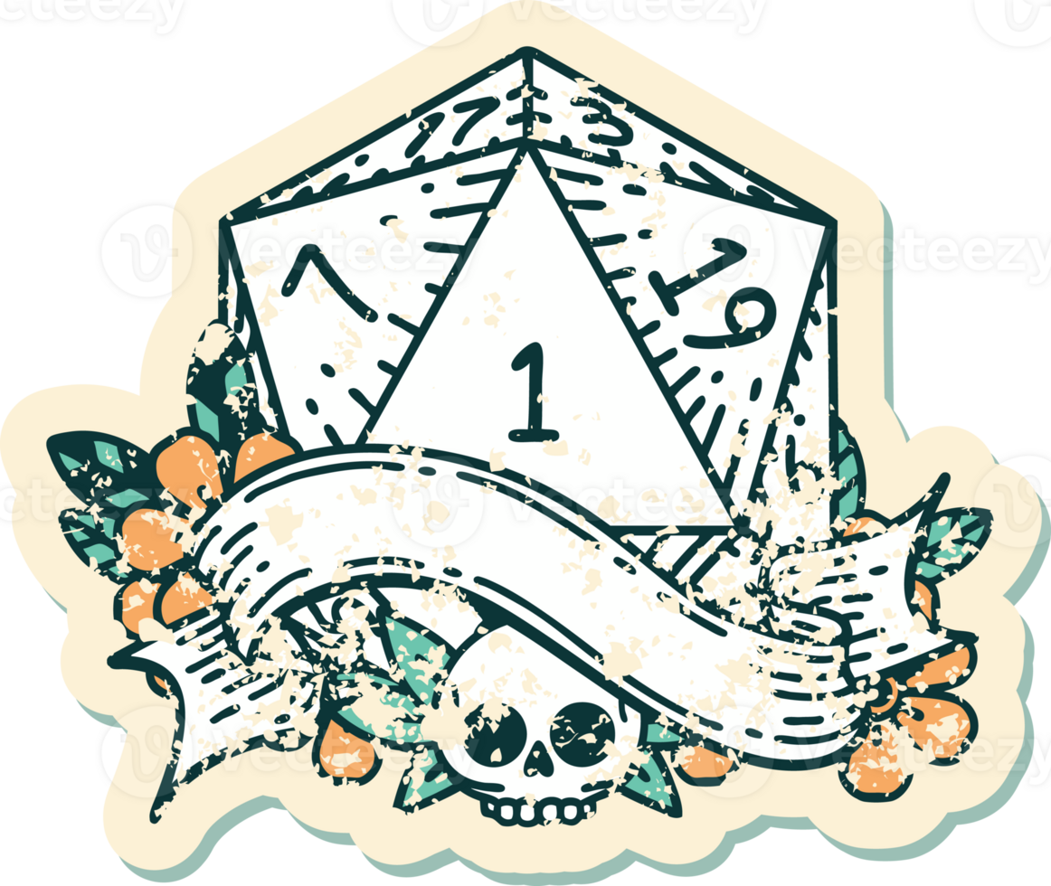 Retro Tattoo Style natural one d20 dice roll png