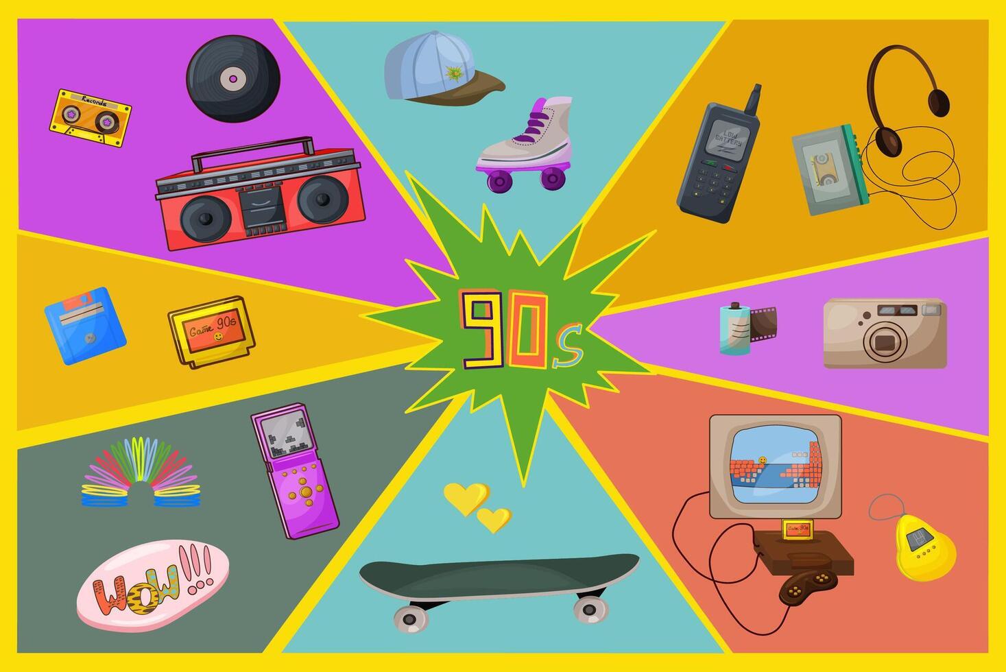 90s retro elements set. 90s aesthetic. Hand drawn digital illustration vector