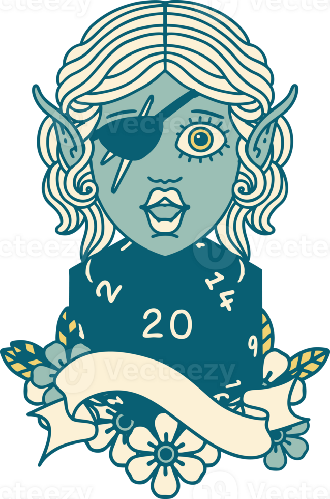 Retro Tattoo Style elf rogue character with natural twenty dice roll png