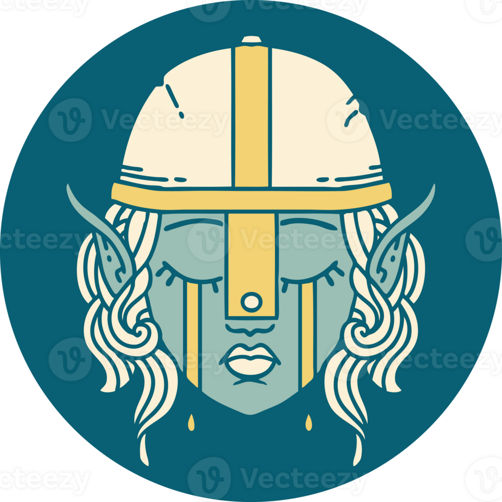 Retro Tattoo Style crying elven fighter character face png