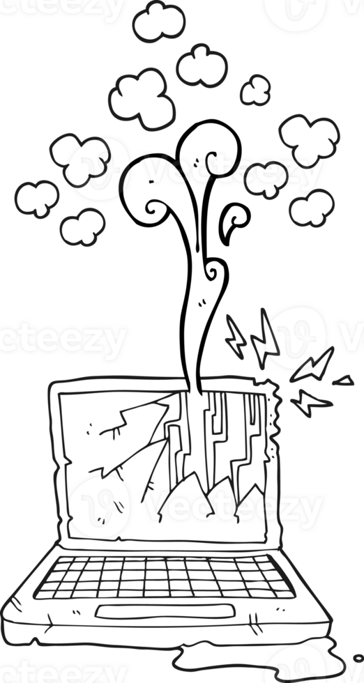 hand drawn black and white cartoon broken computer png