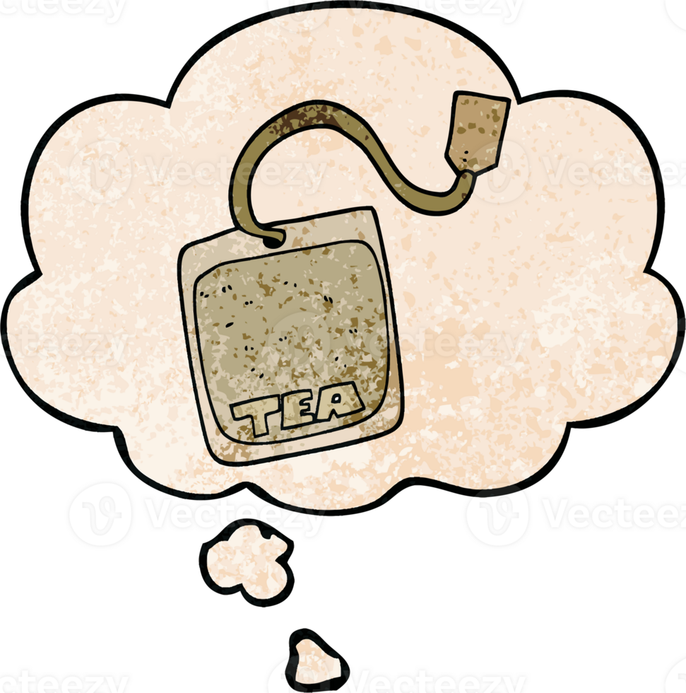 cartoon tea bag with thought bubble in grunge texture style png