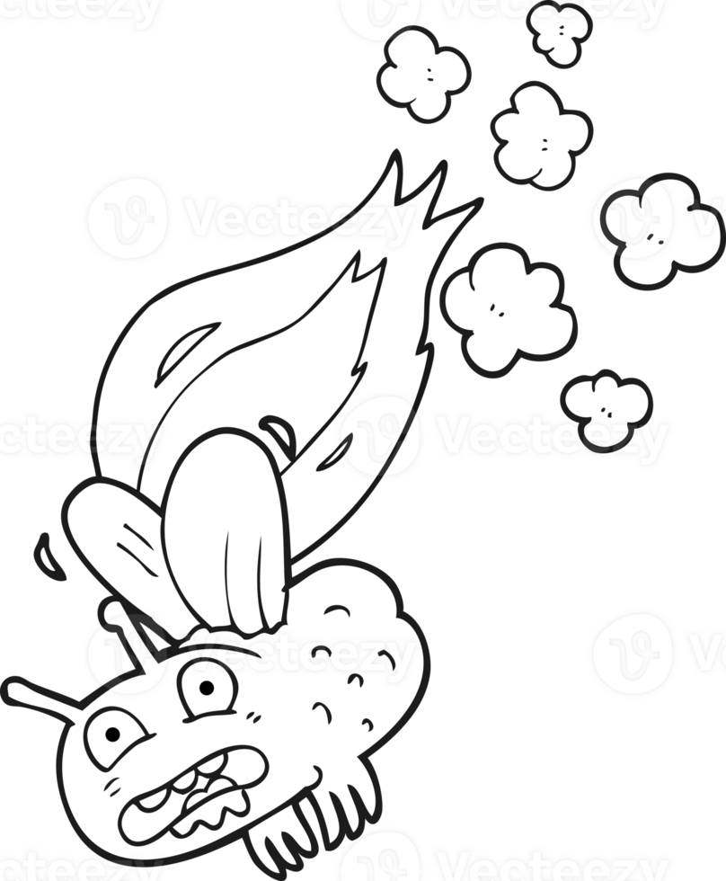 hand drawn black and white cartoon fly crashign and burning png