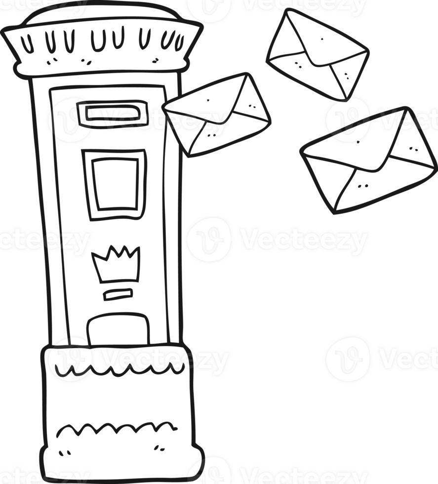 hand drawn black and white cartoon british post box png