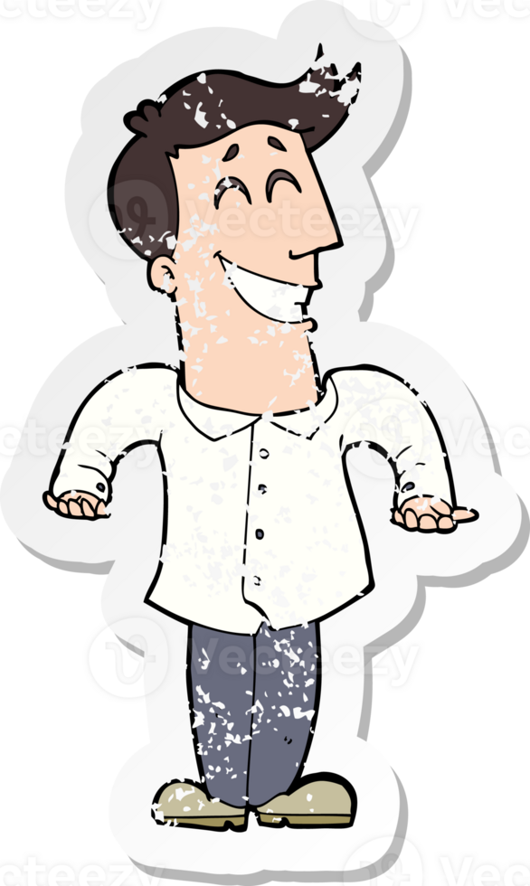 retro distressed sticker of a cartoon man shrugging shoulders png