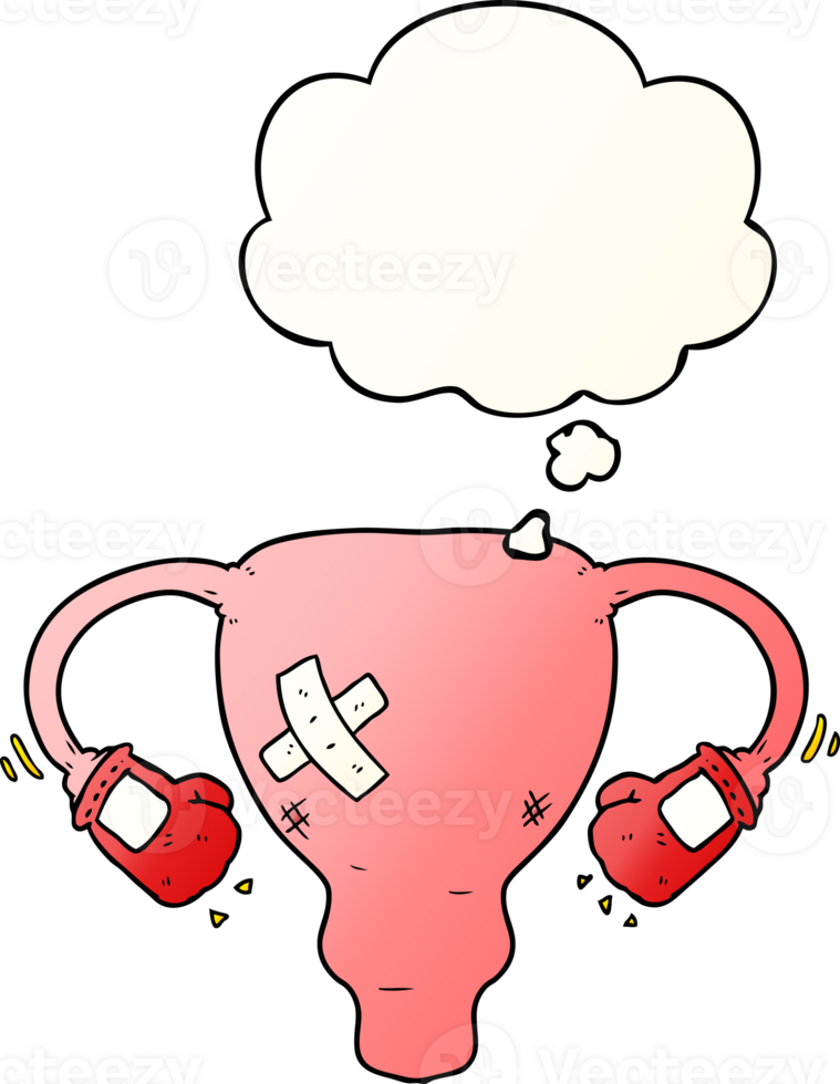cartoon beat up uterus with boxing gloves with thought bubble in smooth gradient style png