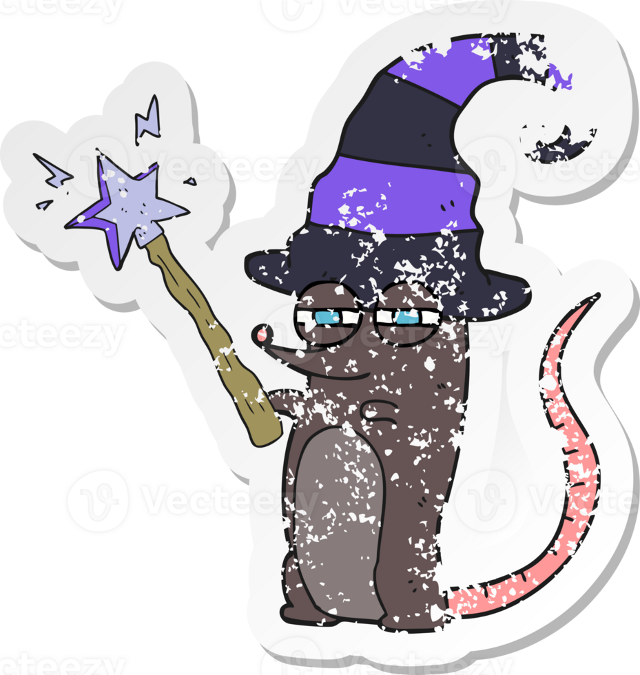 retro distressed sticker of a cartoon magic witch mouse png