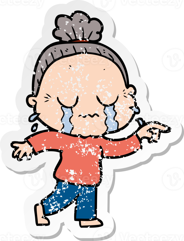 distressed sticker of a cartoon crying old lady png