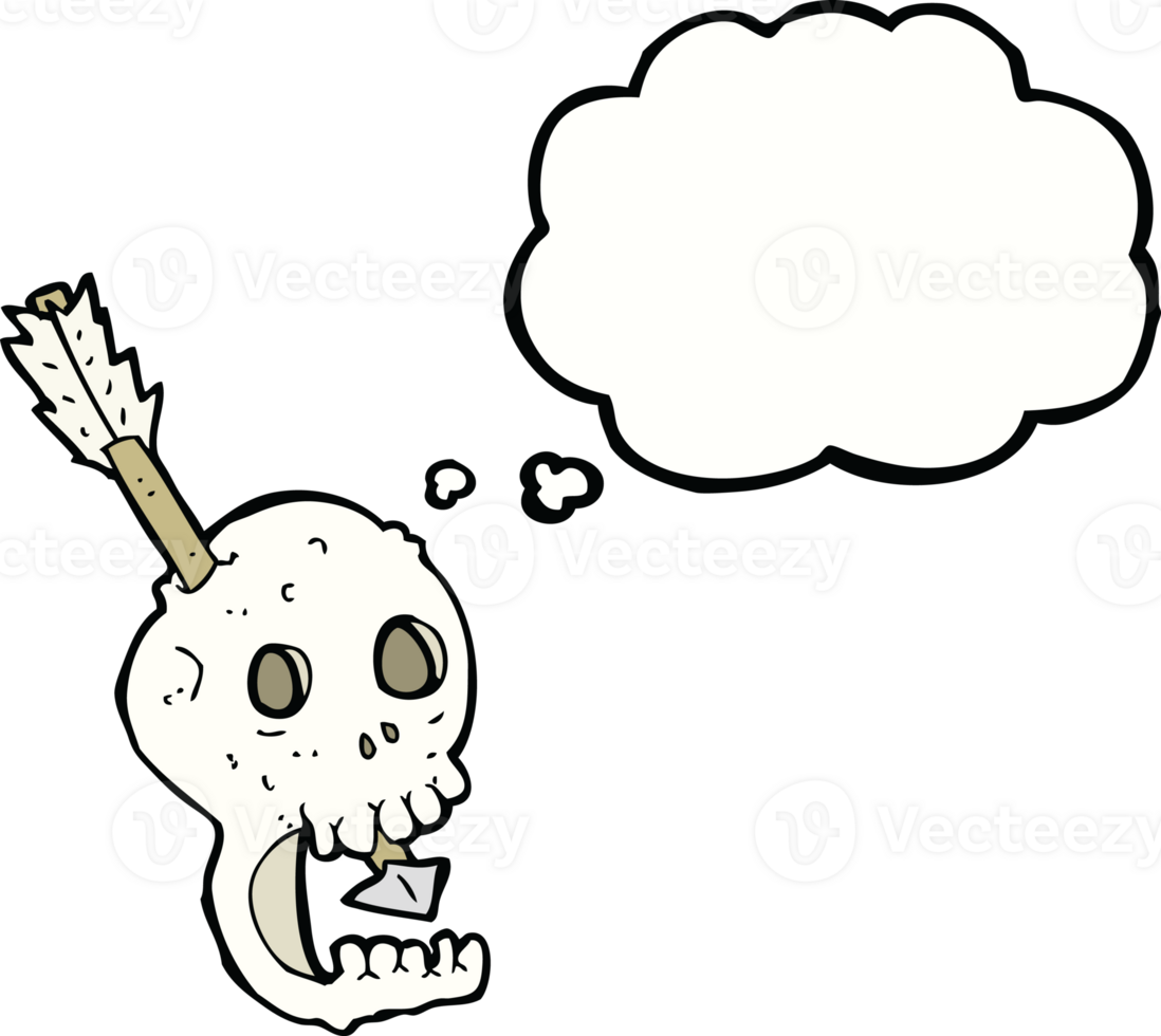 funny cartoon skull and arrow with thought bubble png
