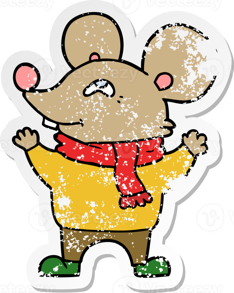 distressed sticker of a cartoon mouse wearing scarf png