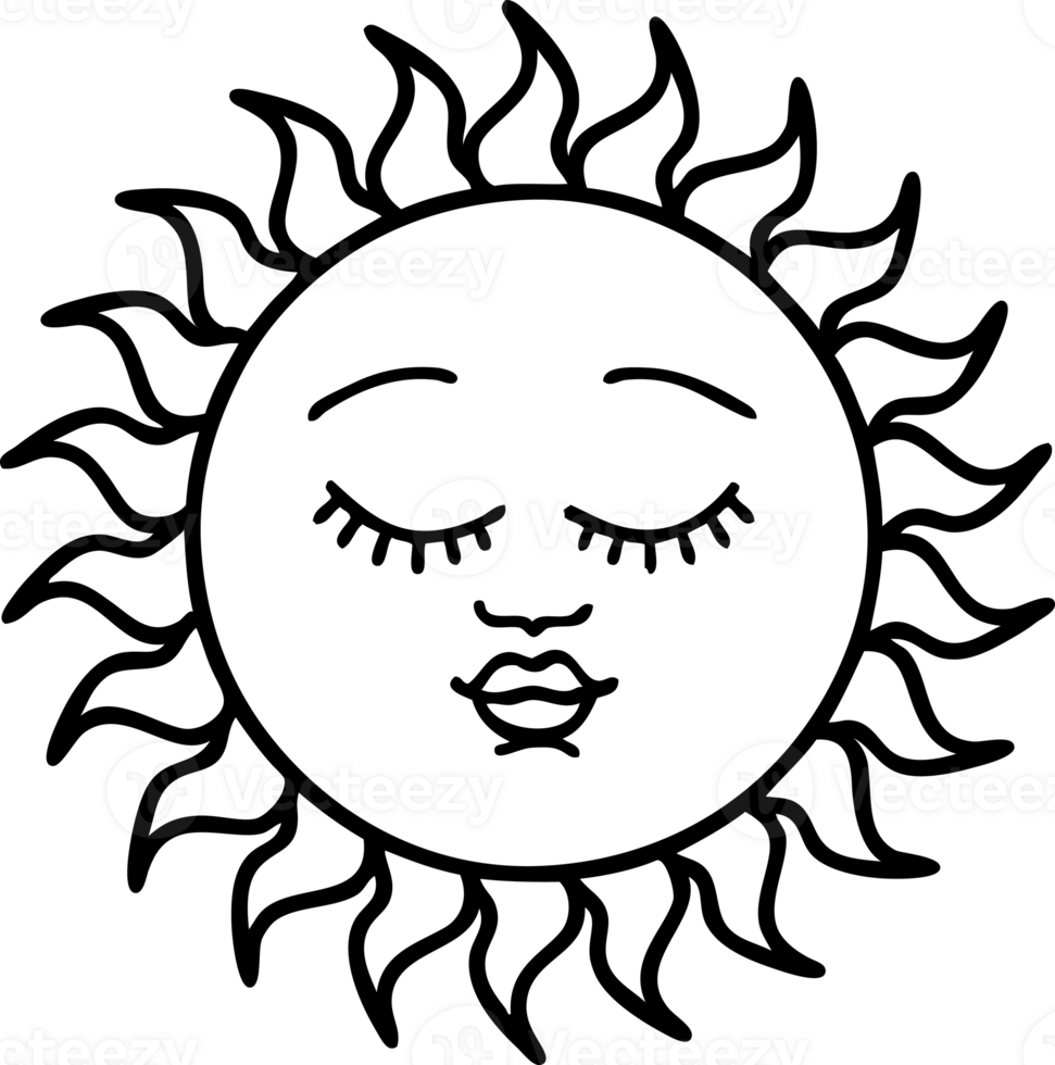 tattoo in black line style of a sun with face png