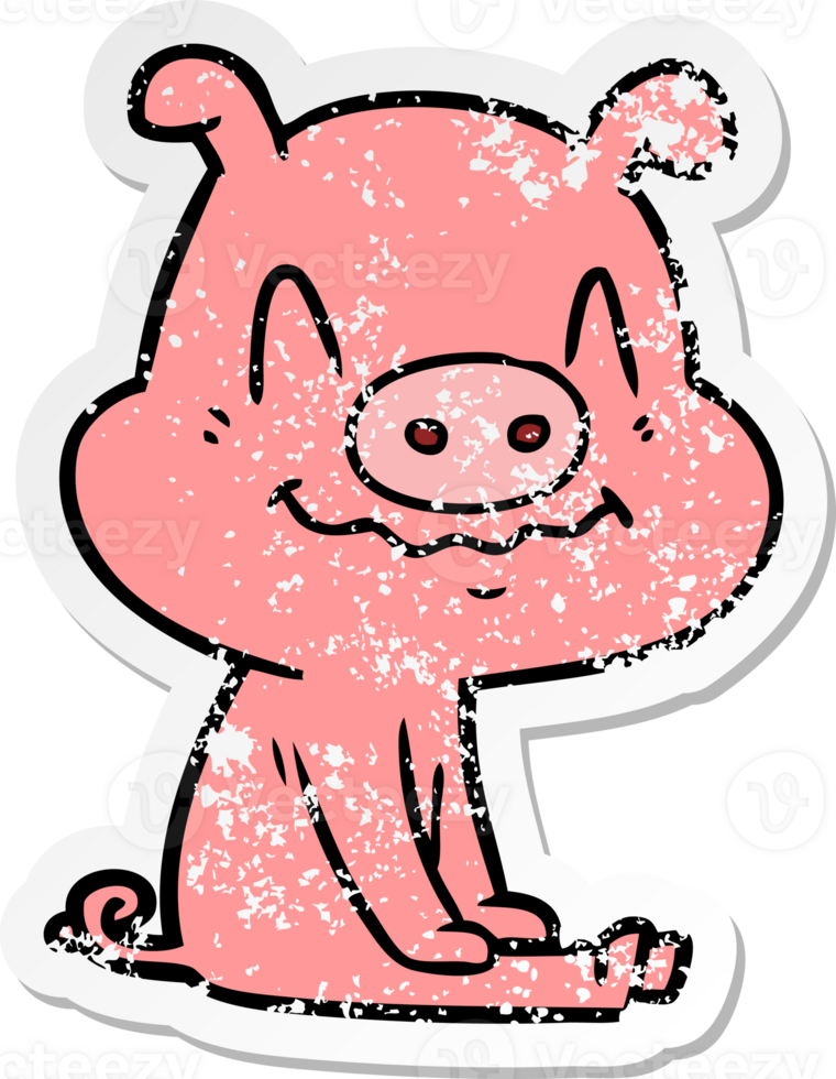 distressed sticker of a nervous cartoon pig sitting png