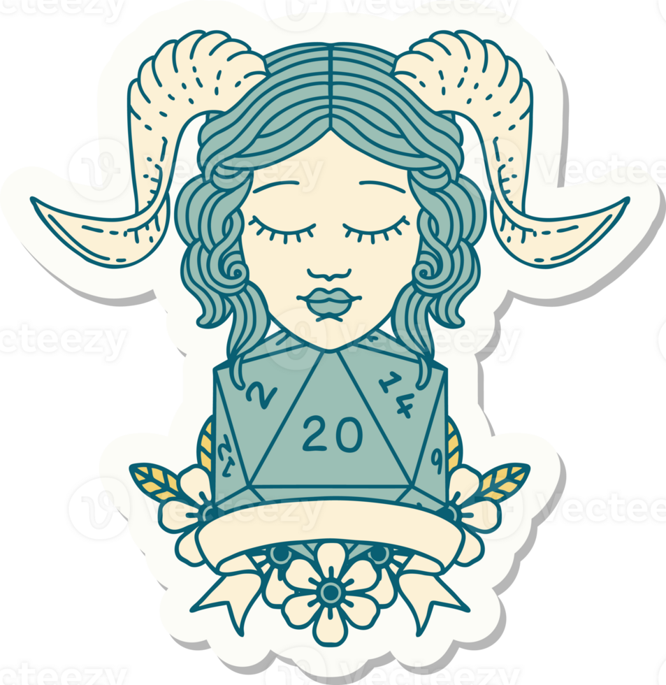 sticker of a tiefling with natural twenty dice roll png