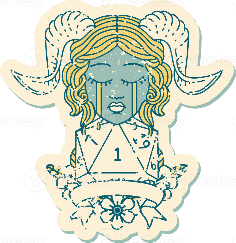 Retro Tattoo Style crying tiefling face with natural 1 D20 Dice png