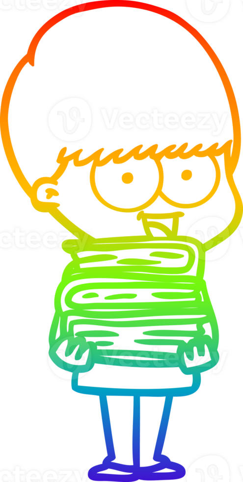 rainbow gradient line drawing of a happy cartoon boy holding books png