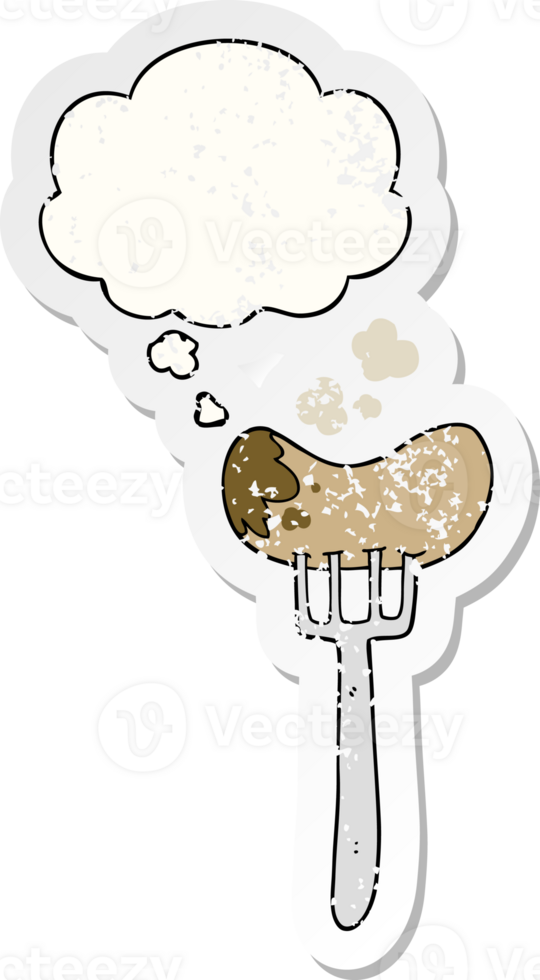 cartoon sausage and fork with thought bubble as a distressed worn sticker png