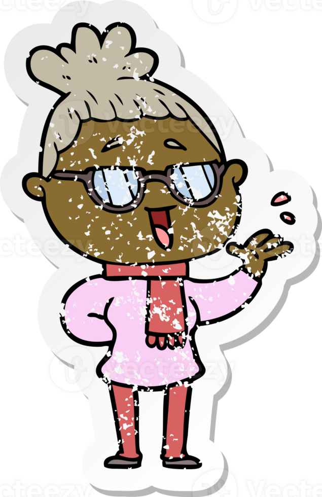 distressed sticker of a cartoon happy woman wearing spectacles png