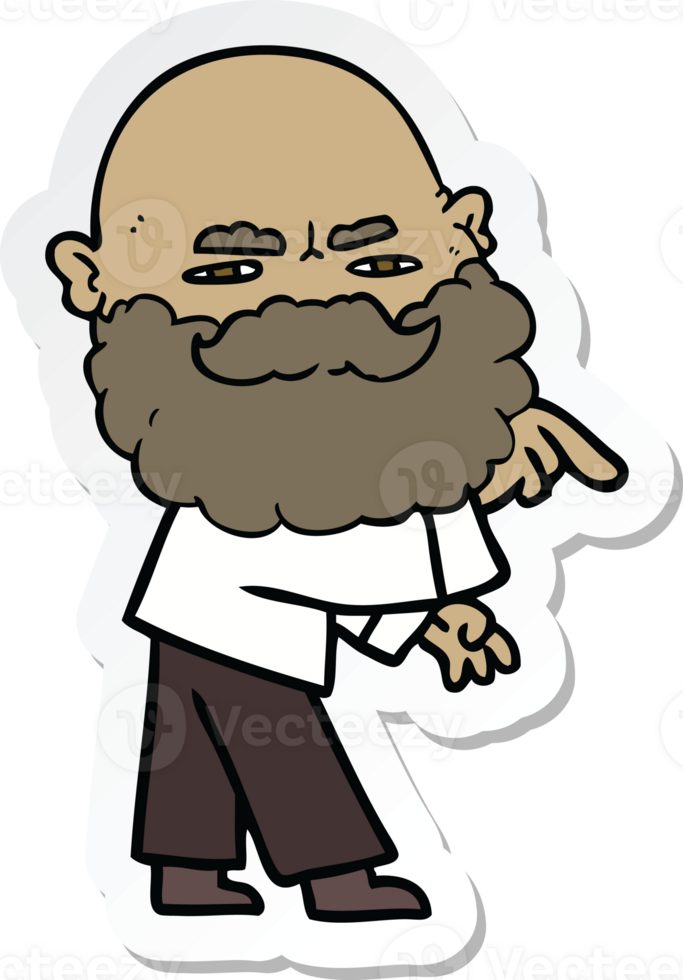 sticker of a cartoon man with beard frowning and pointing png