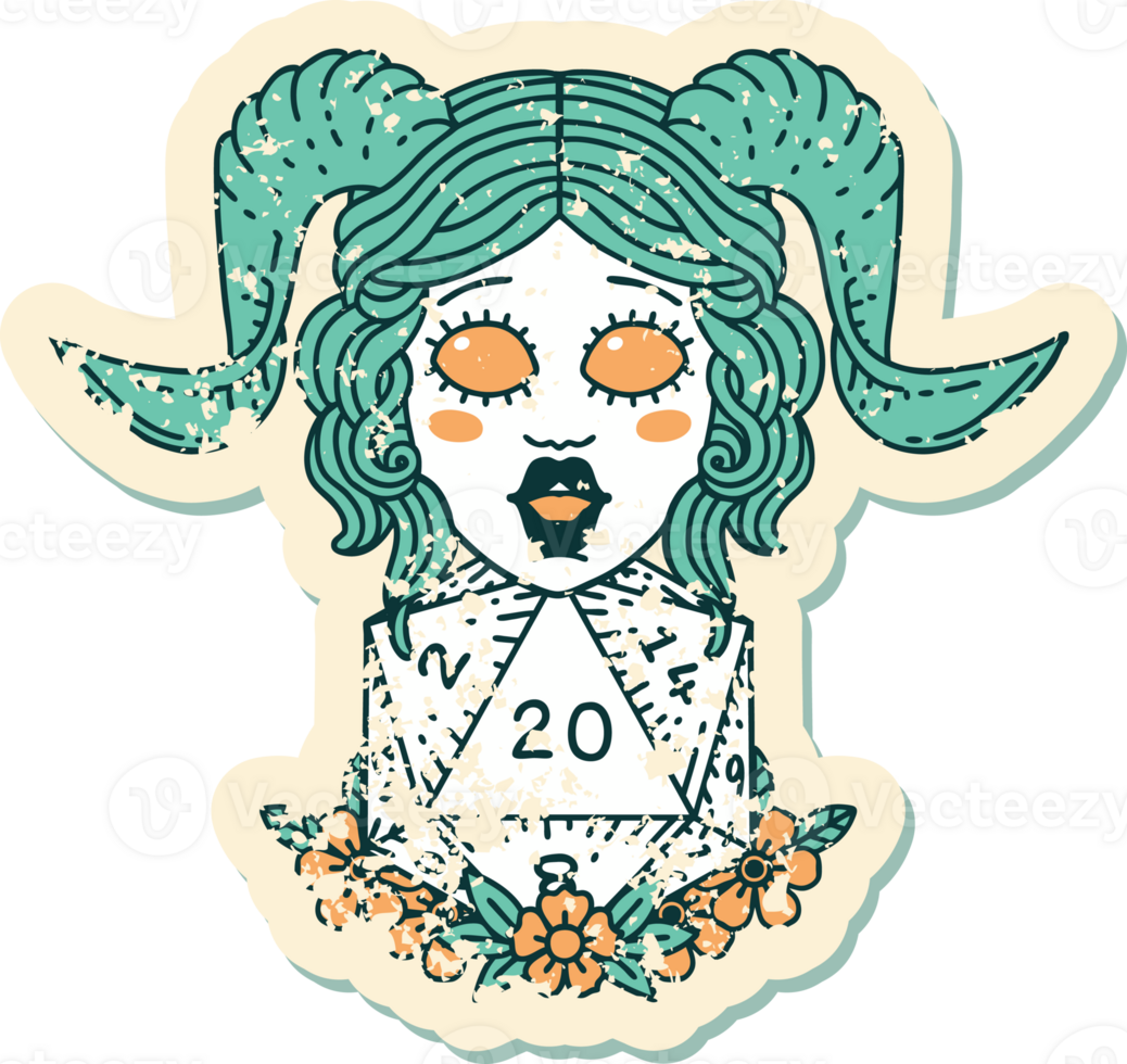 grunge sticker of a tiefling with natural twenty dice roll png