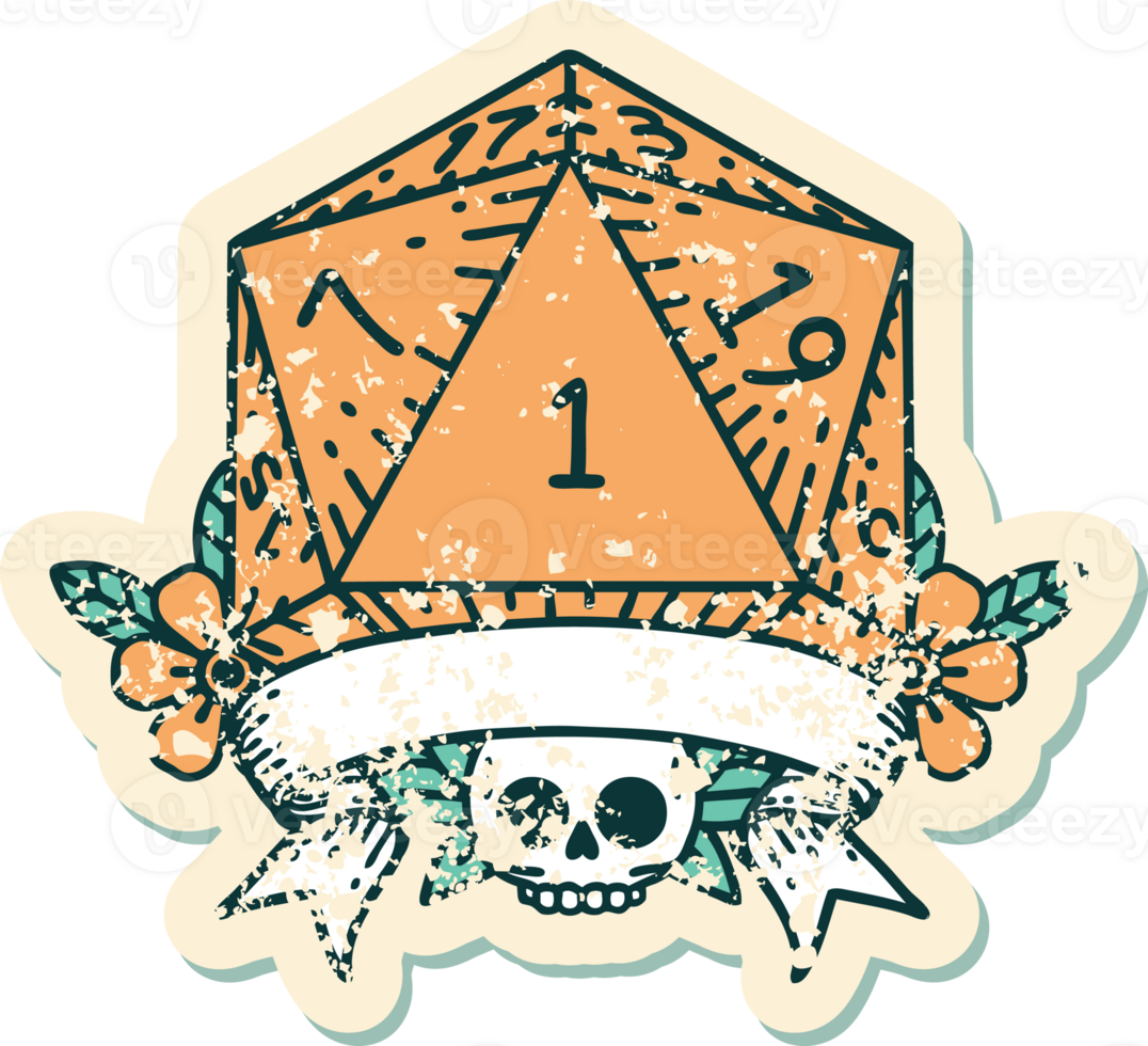 Retro Tattoo Style natural one d20 dice roll png