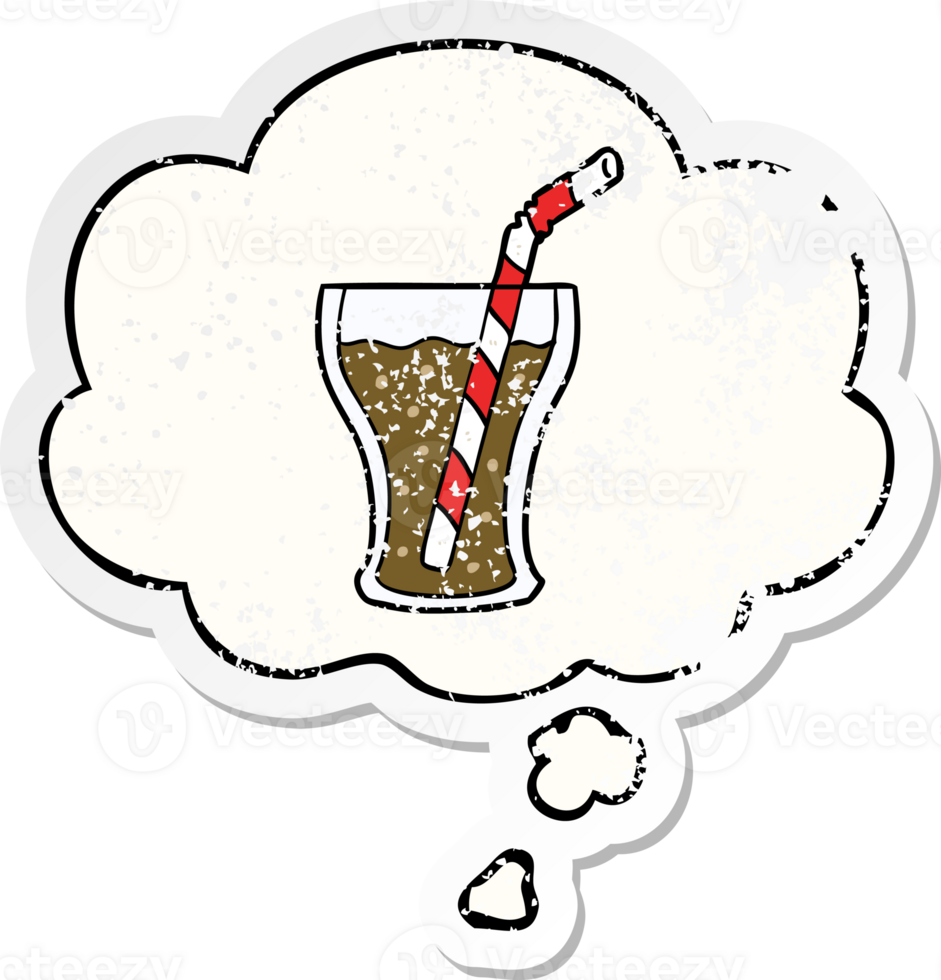 cartoon glass of cola with thought bubble as a distressed worn sticker png